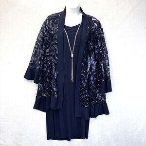 R & M Collection Dress Jacket Set Womens 16 Navy Blue Sequin Lace Formal Wedding